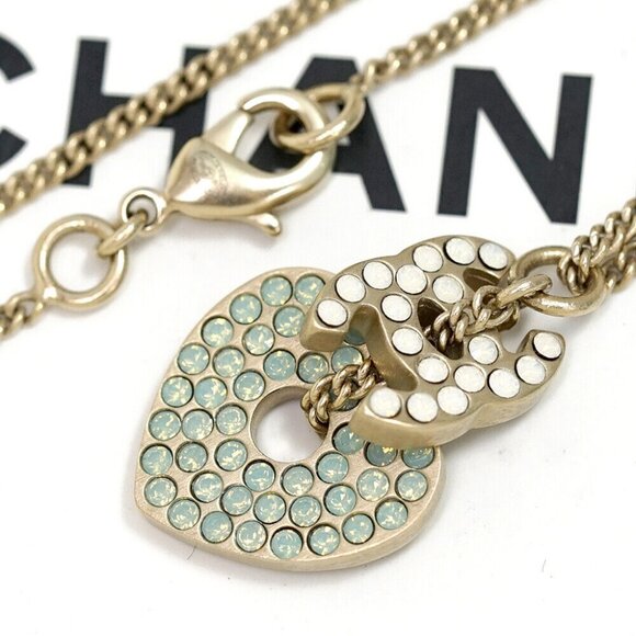 CHANEL CC Logo Rhinestone Heart Charm Necklace 17" Gold Tone 08P Auth w/Box h113 - Picture 3 of 7